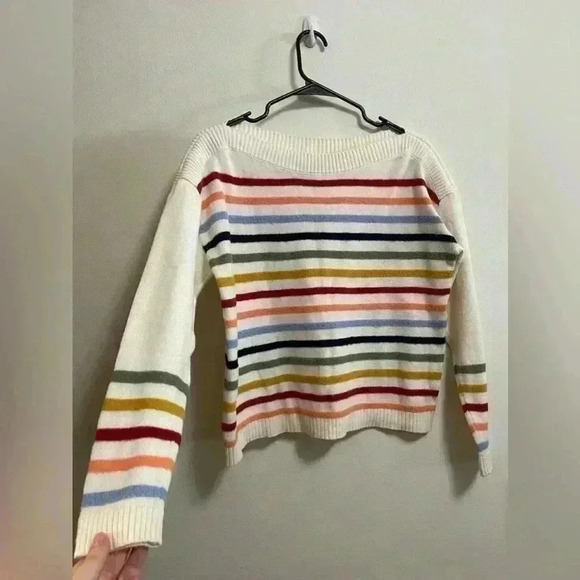 LOFT - Fuzzy Multicolor Striped Ribbed Trim Pullover Sweater - Size XS - Picture 2 of 5